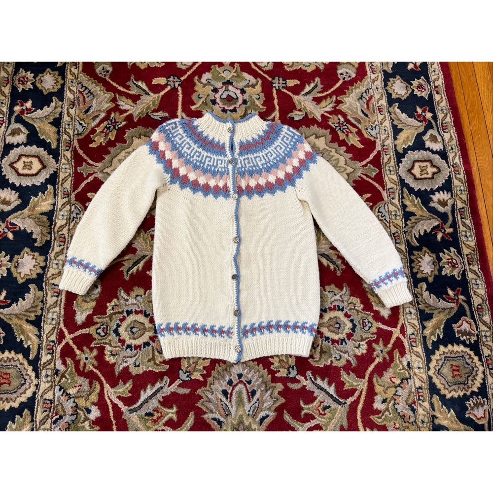 Women's M Ivory Hand Knit Fair Isle Scandinavian Cardigan Sweater Acrylic Wool